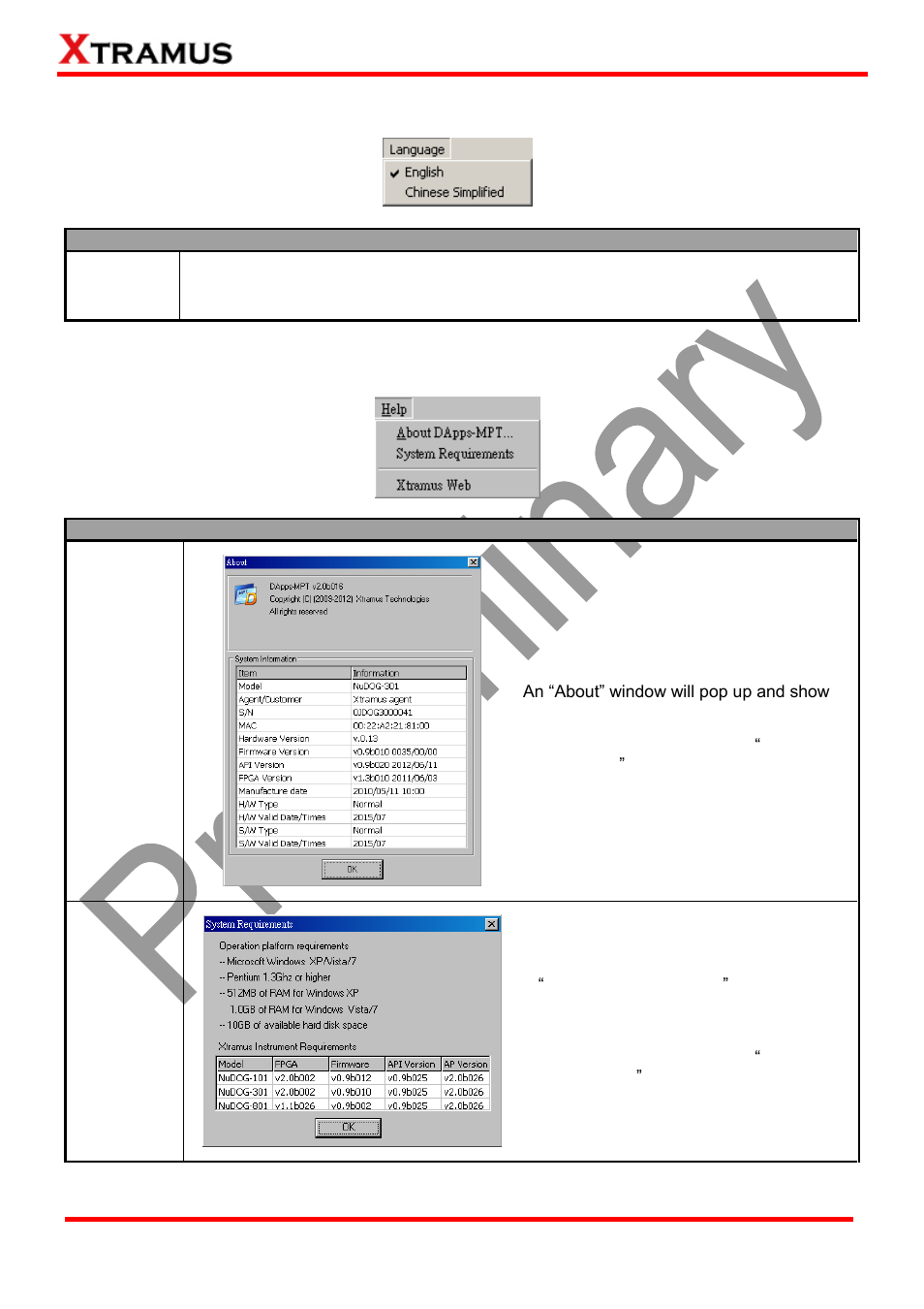 Language, Help | Xtramus DApps-MPT V1.4 User Manual | Page 44 / 395