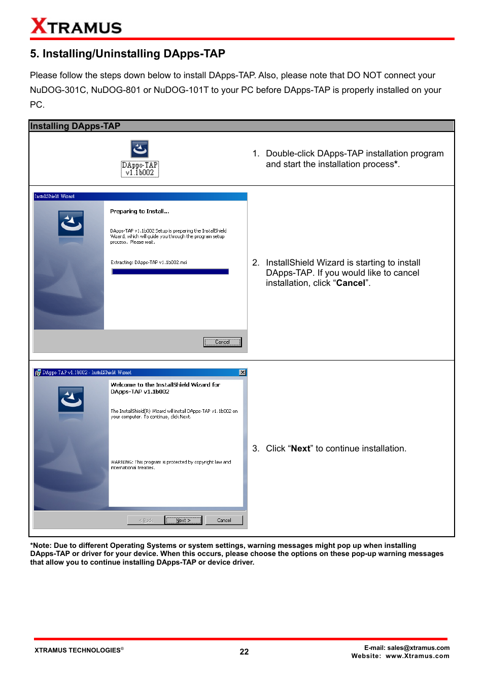 Installing/uninstalling dapps-tap | Xtramus DApps-TAP V1.3 User Manual | Page 22 / 52