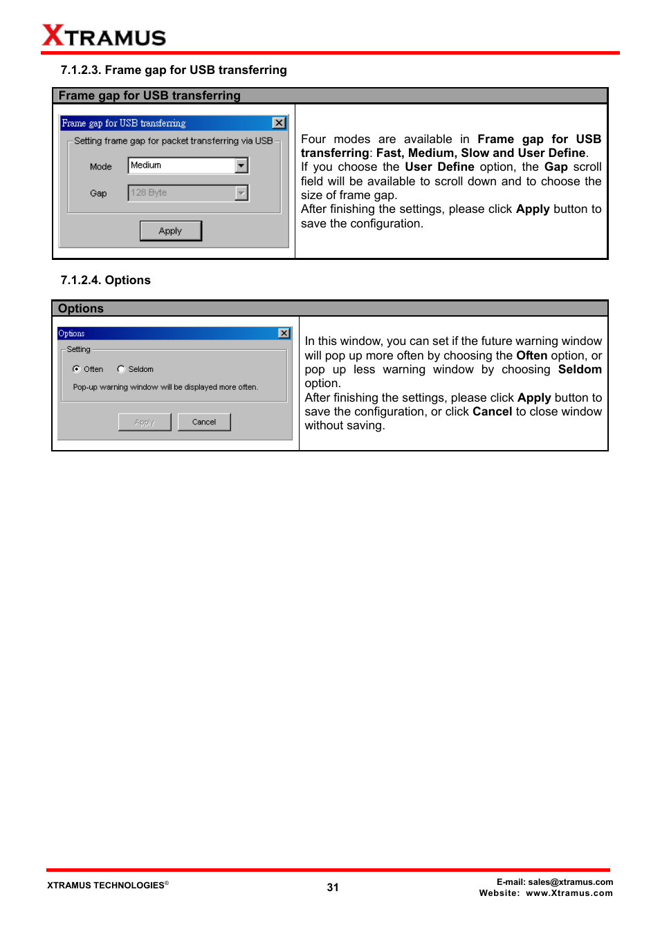 Frame gap for usb transferring, Options | Xtramus DApps-TAP V1.3 User Manual | Page 31 / 52