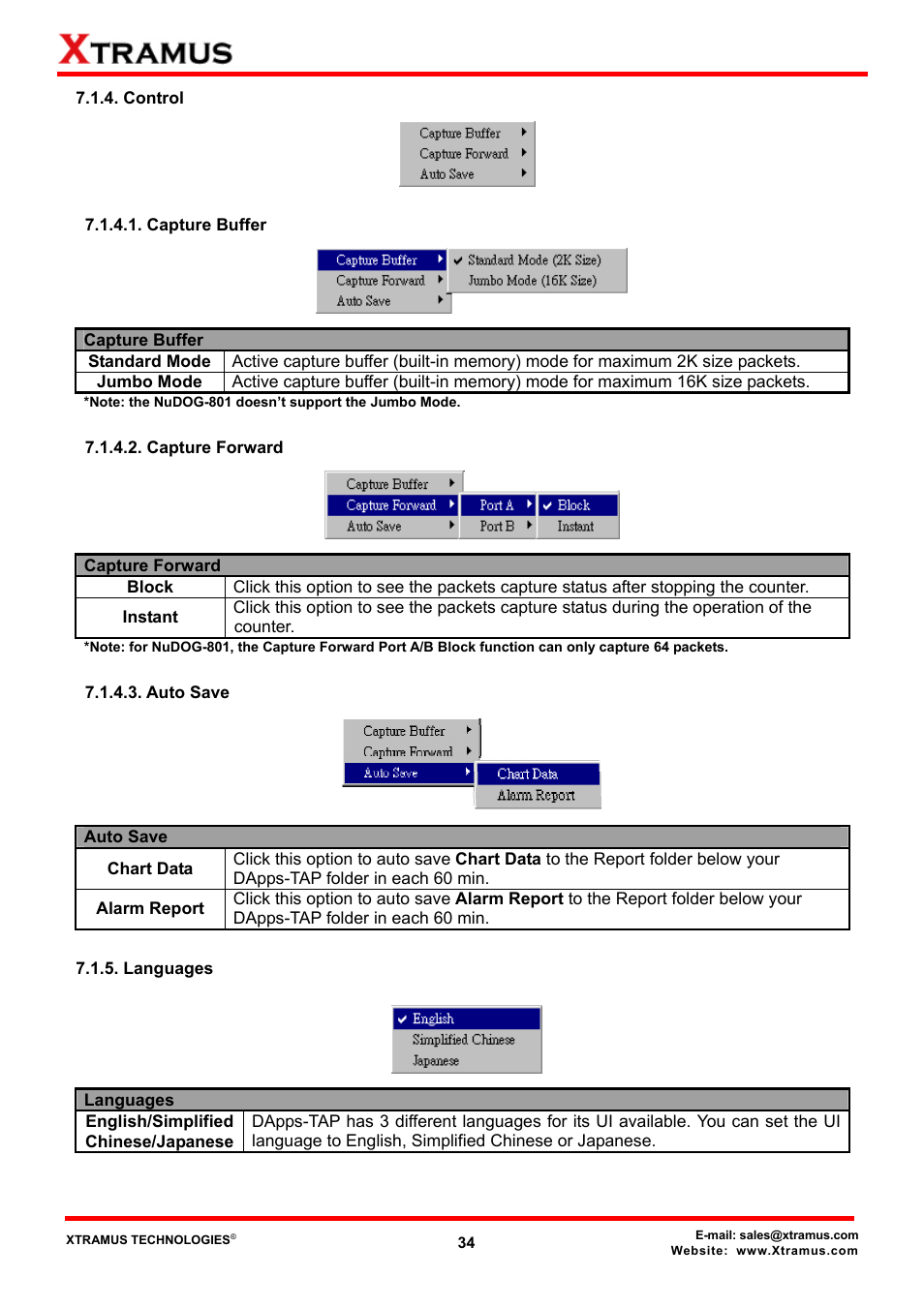 Control, Capture buffer, Capture forward | Auto save, Languages | Xtramus DApps-TAP V1.3 User Manual | Page 34 / 52