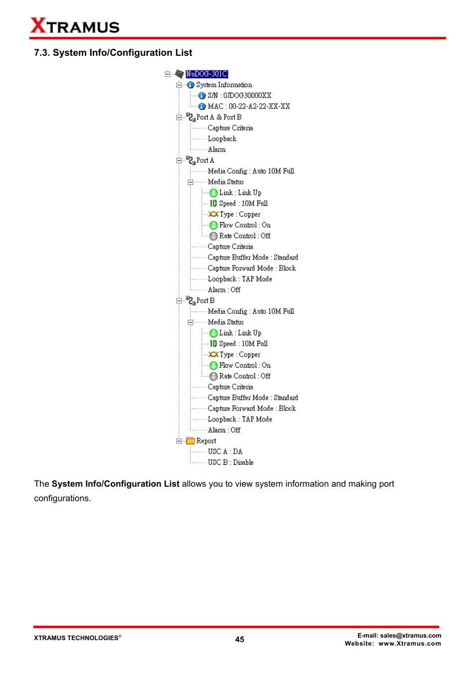 System info/configuration list | Xtramus DApps-TAP V1.3 User Manual | Page 45 / 52