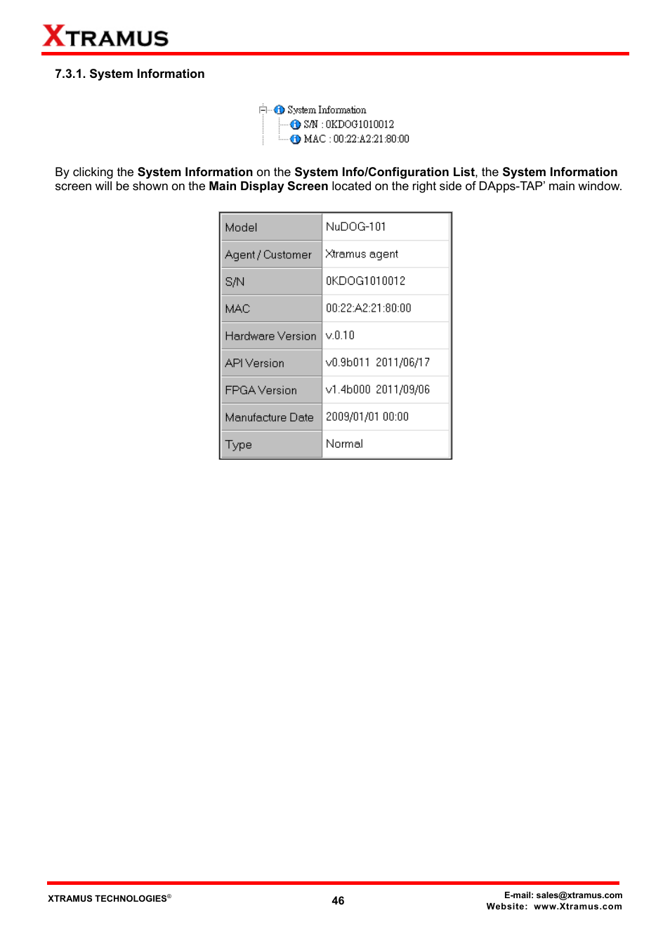 System information | Xtramus DApps-TAP V1.3 User Manual | Page 46 / 52