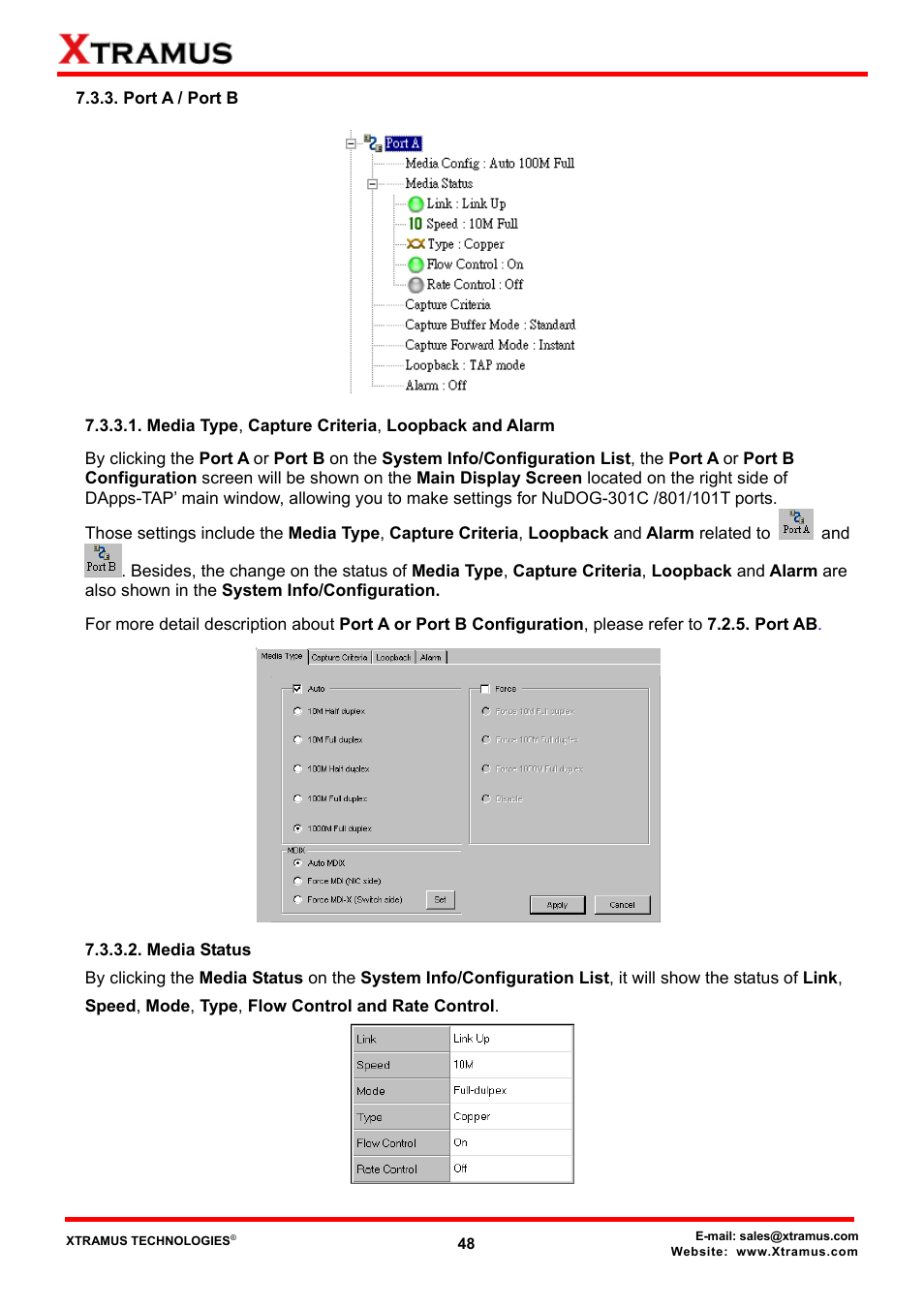 Port a / port b, Media type, capture criteria, loopback and alarm, Media status | Xtramus DApps-TAP V1.3 User Manual | Page 48 / 52