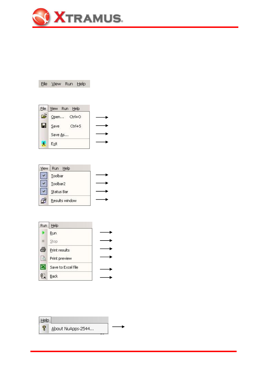 Main window, 1 main menu, 1 file menu | 2 view menu, 3 run menu, 4 help menu | Xtramus NuApps-2544 V1.0 User Manual | Page 10 / 22