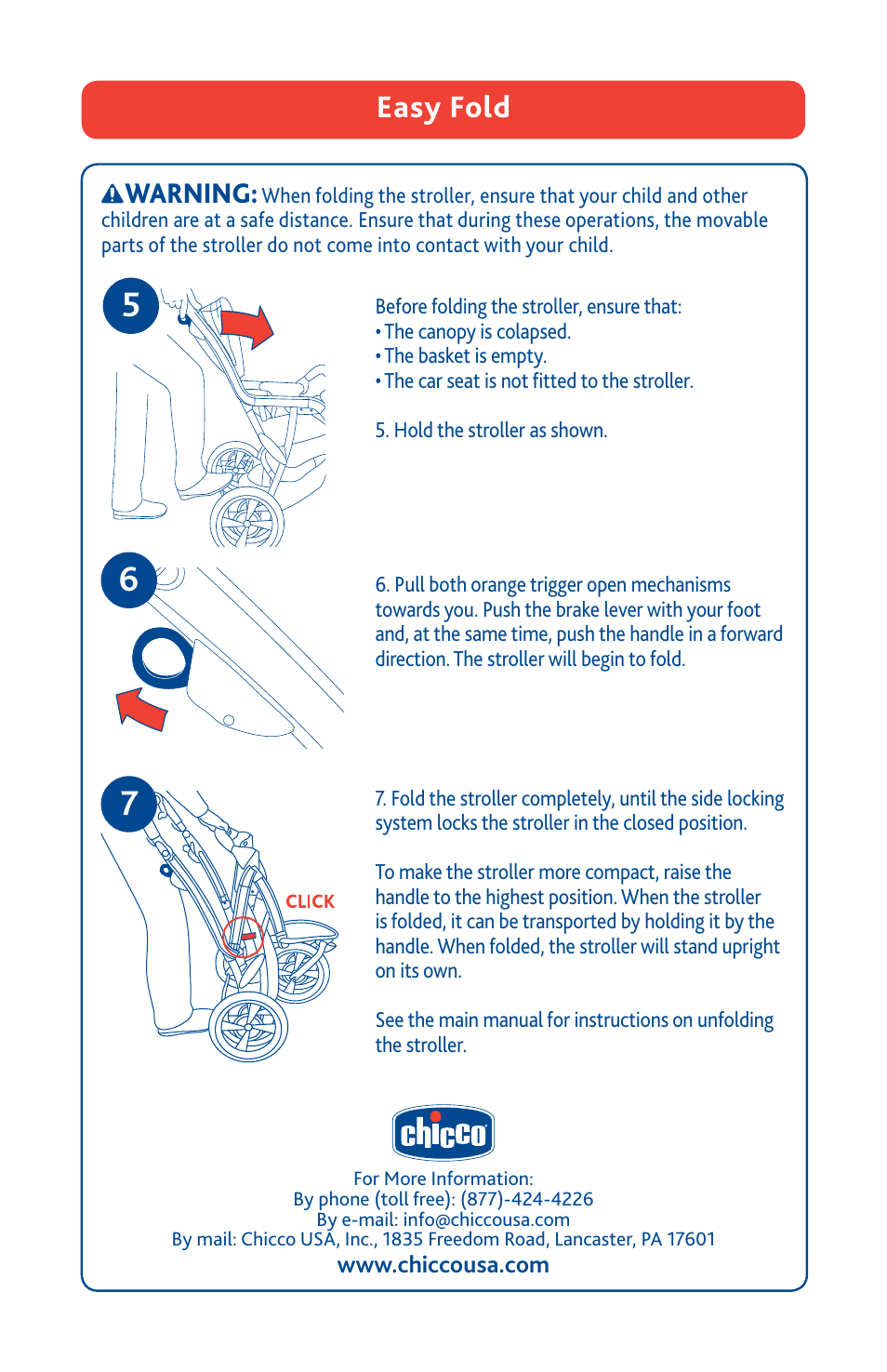 Easy fold, Warning | Chicco S3 User Manual | Page 19 / 19