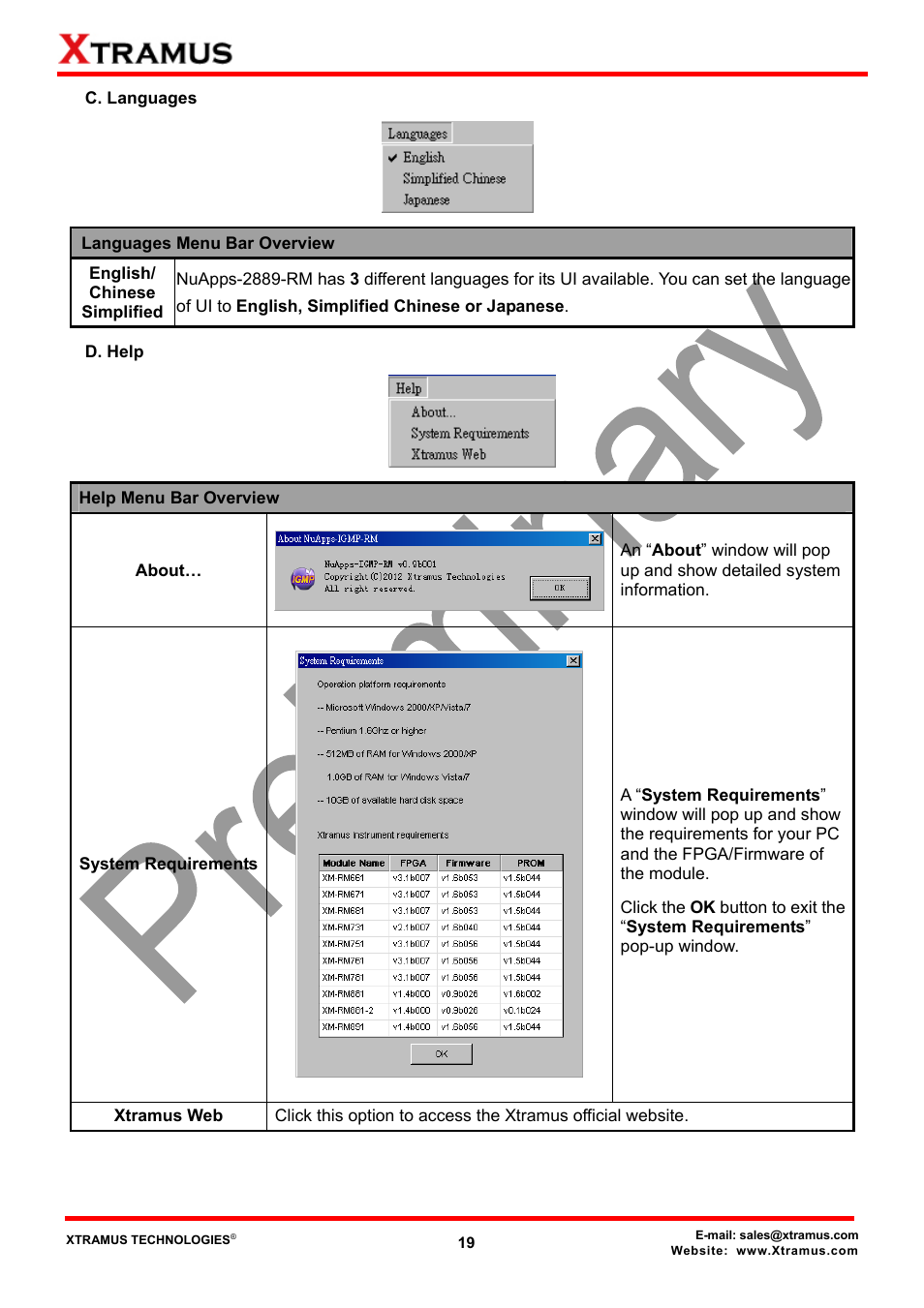 C. languages, D. help | Xtramus NuApps-2889-RM V1.1 User Manual | Page 19 / 53