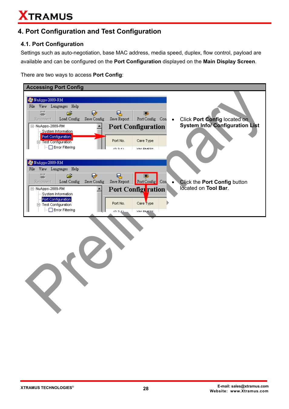 Port configuration and test configuration, Port configuration | Xtramus NuApps-2889-RM V1.1 User Manual | Page 28 / 53