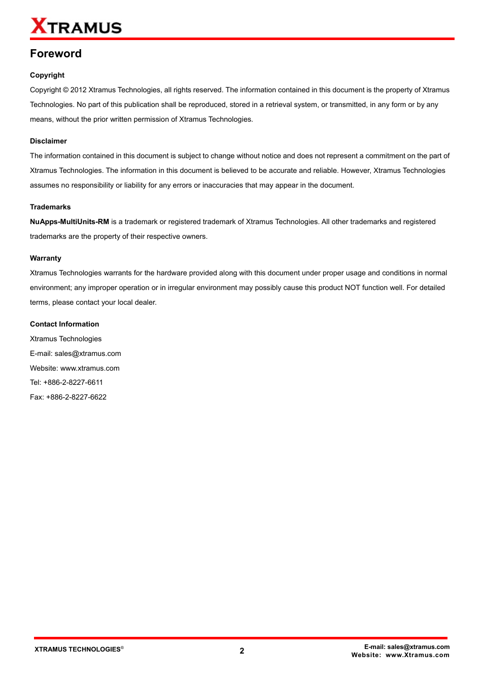 Foreword | Xtramus NuApps-MultiUnits-RM Ver1.5 User Manual | Page 2 / 253