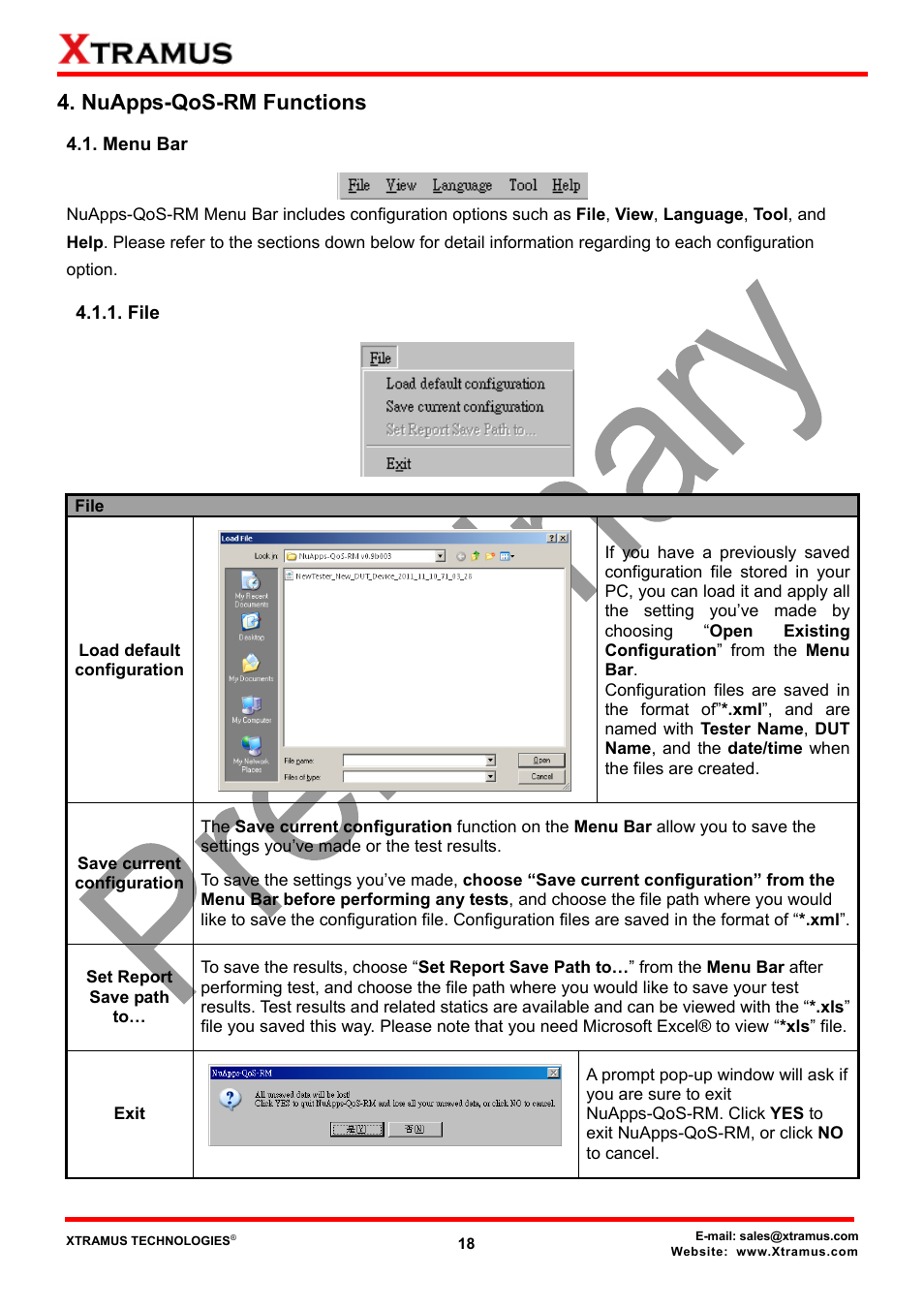 Nuapps-qos-rm functions, Menu bar, File | Xtramus NuApps-QoS-RM V1.1 User Manual | Page 18 / 51