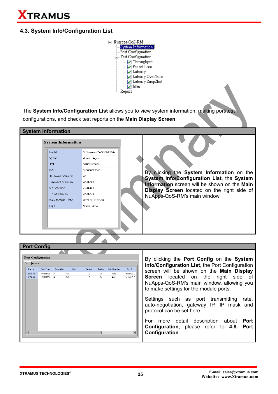 System info/configuration list | Xtramus NuApps-QoS-RM V1.1 User Manual | Page 25 / 51