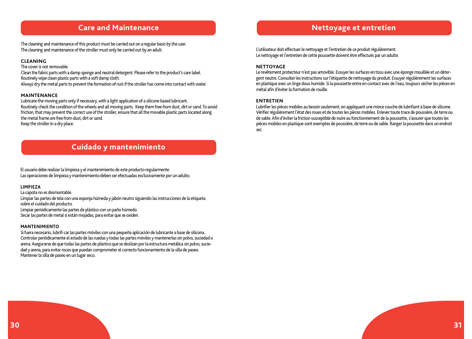 30 31 care and maintenance, Cuidado y mantenimiento nettoyage et entretien | Chicco Trevi Child's Stroller IS0028NAFTA User Manual | Page 16 / 17