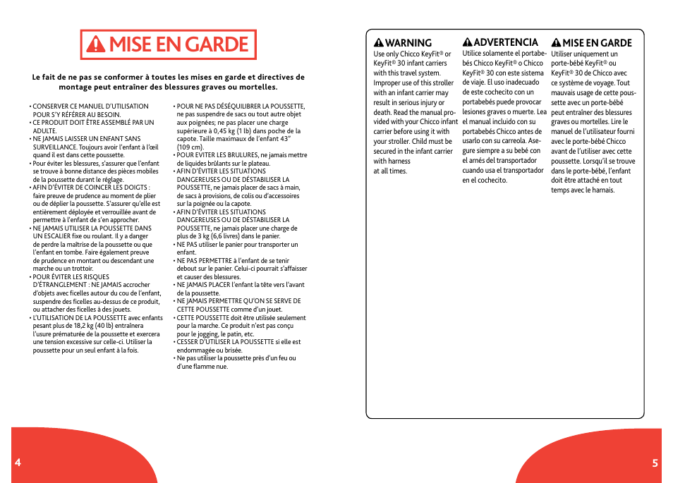 Mise en garde, Warning, Advertencia | Chicco Trevi Child's Stroller IS0028NAFTA User Manual | Page 3 / 17