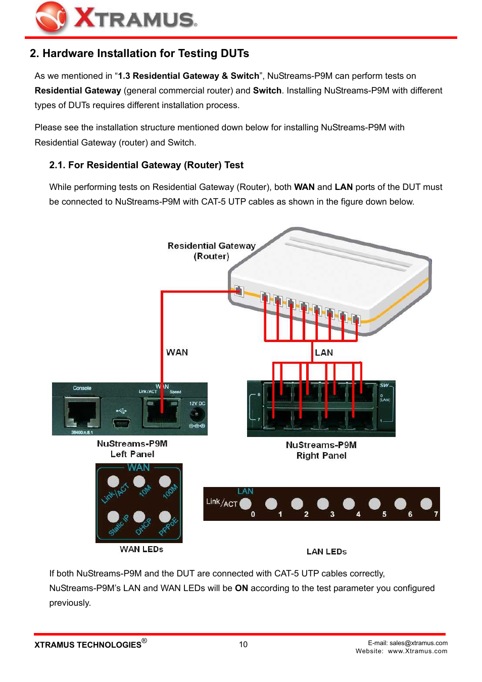 Hardware installation for testing duts, For residential gateway (router) test | Xtramus NuStreams-P9M V2.1 User Manual | Page 10 / 46