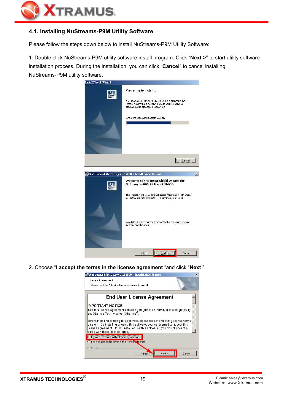 Installing nustreams-p9m utility software | Xtramus NuStreams-P9M V2.1 User Manual | Page 19 / 46