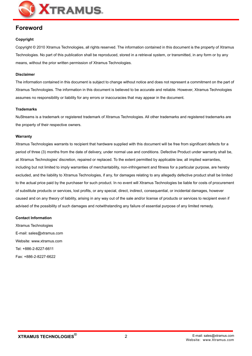 Foreword | Xtramus NuStreams-P9M V2.1 User Manual | Page 2 / 46