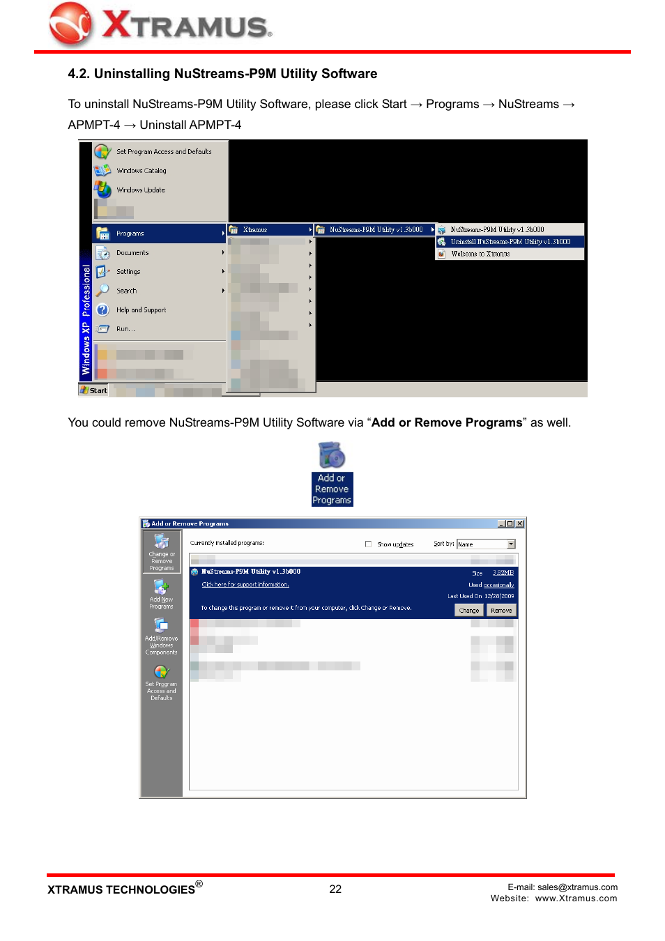 Uninstalling nustreams-p9m utility software | Xtramus NuStreams-P9M V2.1 User Manual | Page 22 / 46