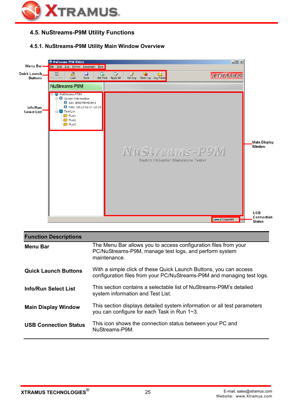 Nustreams-p9m utility functions, Nustreams-p9m utility main window overview | Xtramus NuStreams-P9M V2.1 User Manual | Page 25 / 46