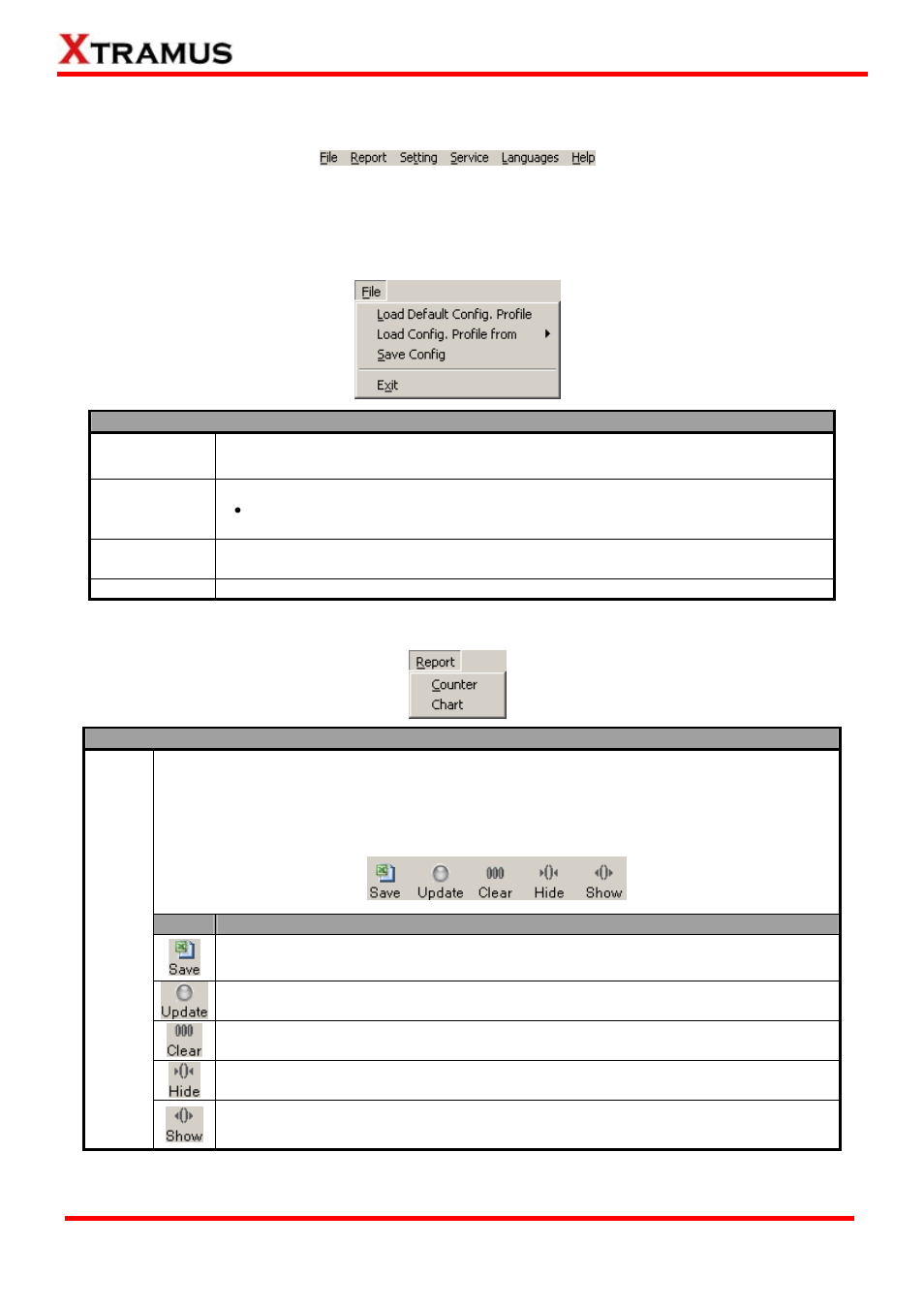 Nutea-551 utility software function, Nutea-551 utility software function – menu bar, Menu bar – file | Menu bar – report | Xtramus NuTEA-551 V1.2 User Manual | Page 27 / 45