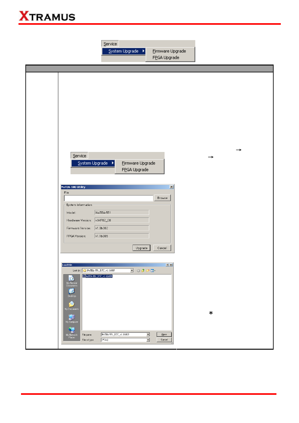 Menu bar – service (firmware/fpga upgrading) | Xtramus NuTEA-551 V1.2 User Manual | Page 30 / 45