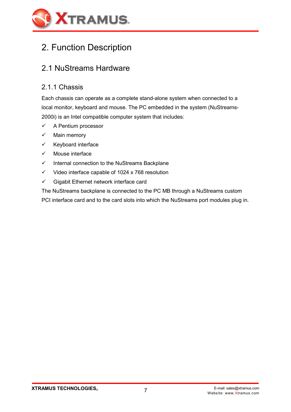 Function description, 1 nustreams hardware, 1 chassis | Xtramus NuWIN V1.1 User Manual | Page 12 / 171