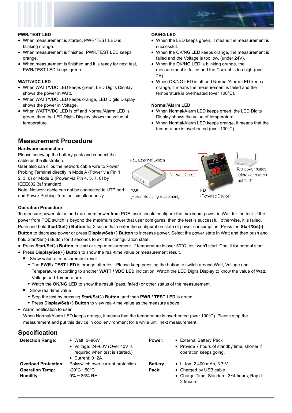 Measurement procedure, Specification | Xtramus PPM-100 V1.0 User Manual | Page 2 / 2