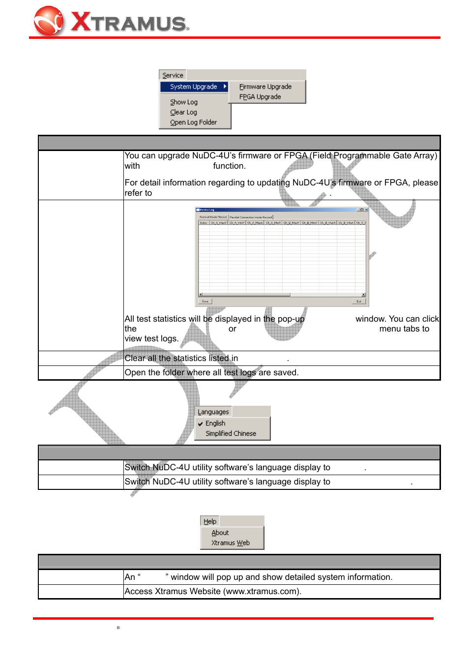 Service, Languages, Help | Xtramus NuDC-4U V2.1 User Manual | Page 25 / 37