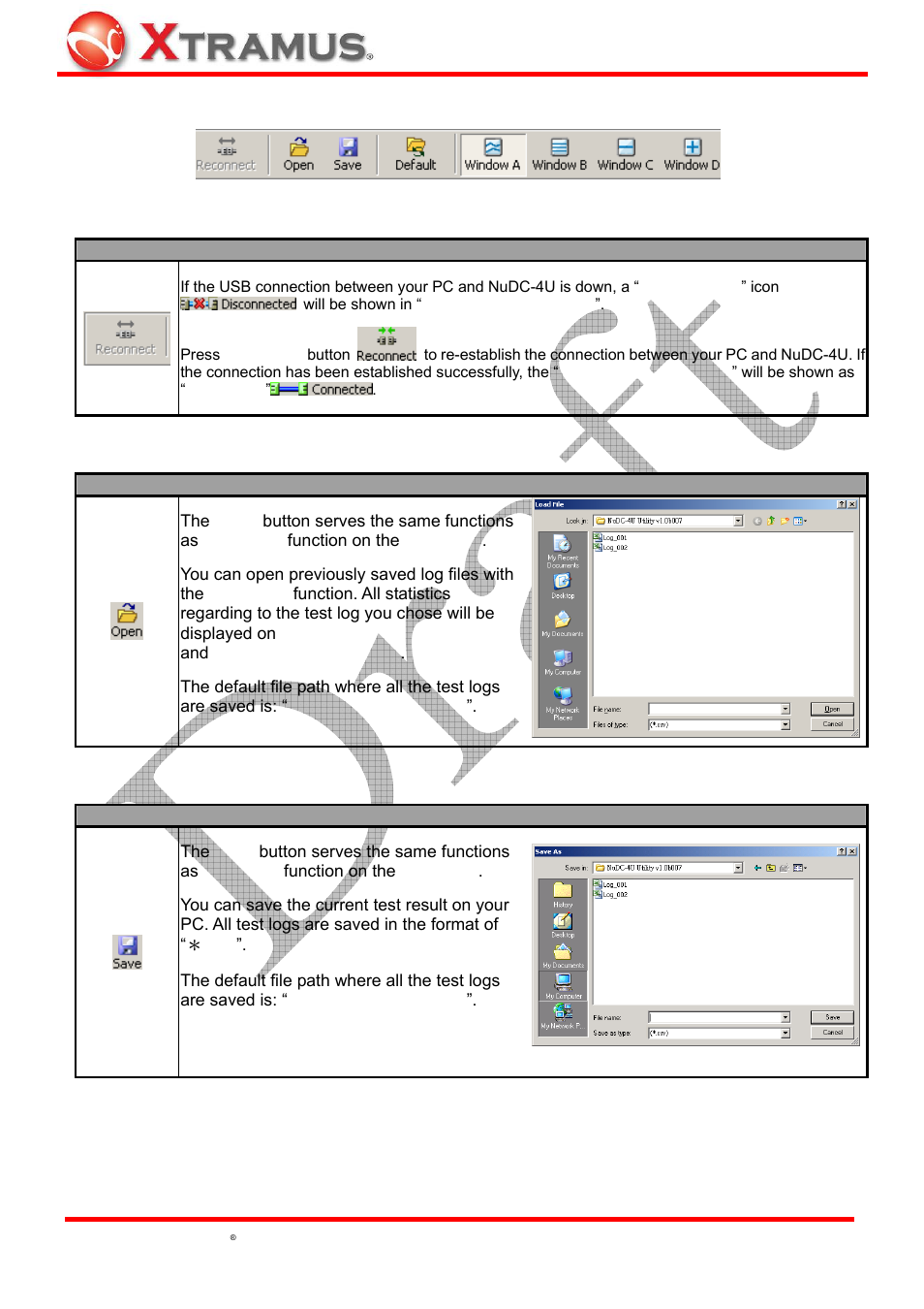 Quick launch buttons, Reconnect, Open | Save | Xtramus NuDC-4U V2.1 User Manual | Page 26 / 37