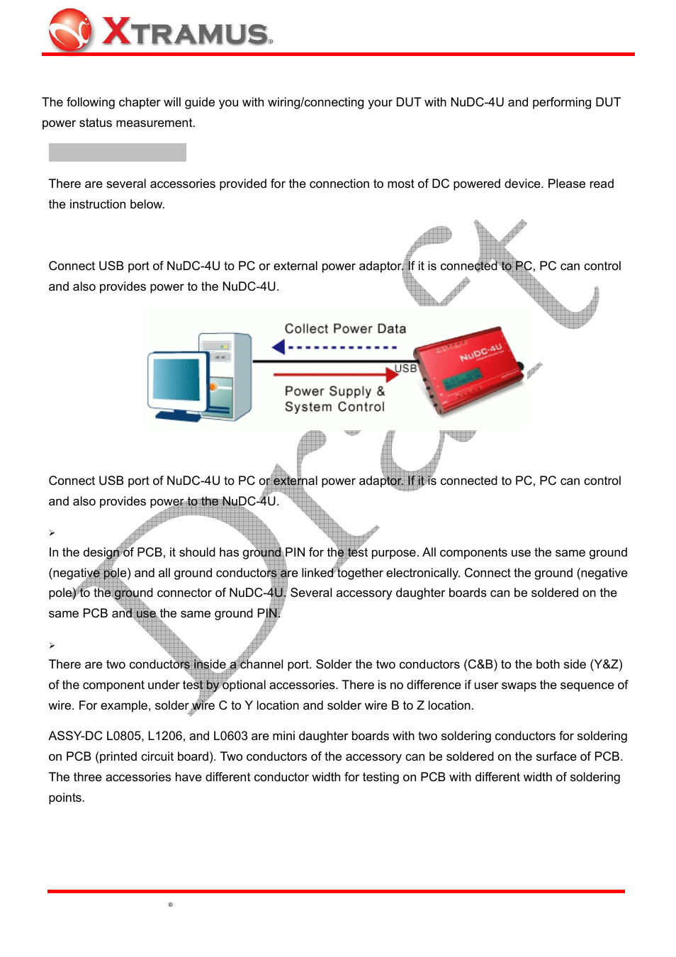 Dut power status measurement, Connecting nudc-4u with pc, Connecting nudc-4u with pcb | Hardware installation | Xtramus NuDC-4U V2.1 User Manual | Page 9 / 37