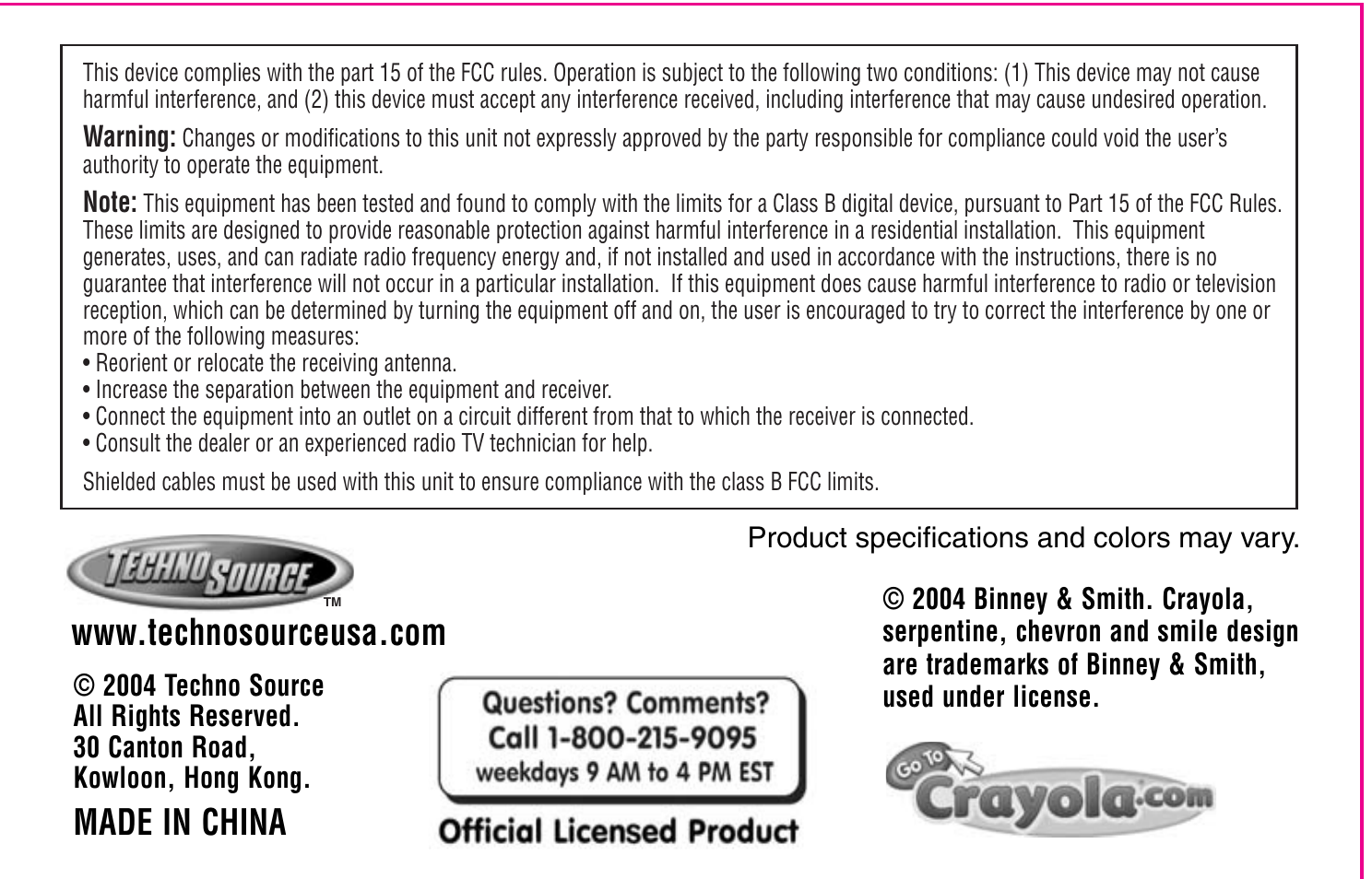 Made in china | Crayola My First TV Play System User Manual | Page 20 / 20