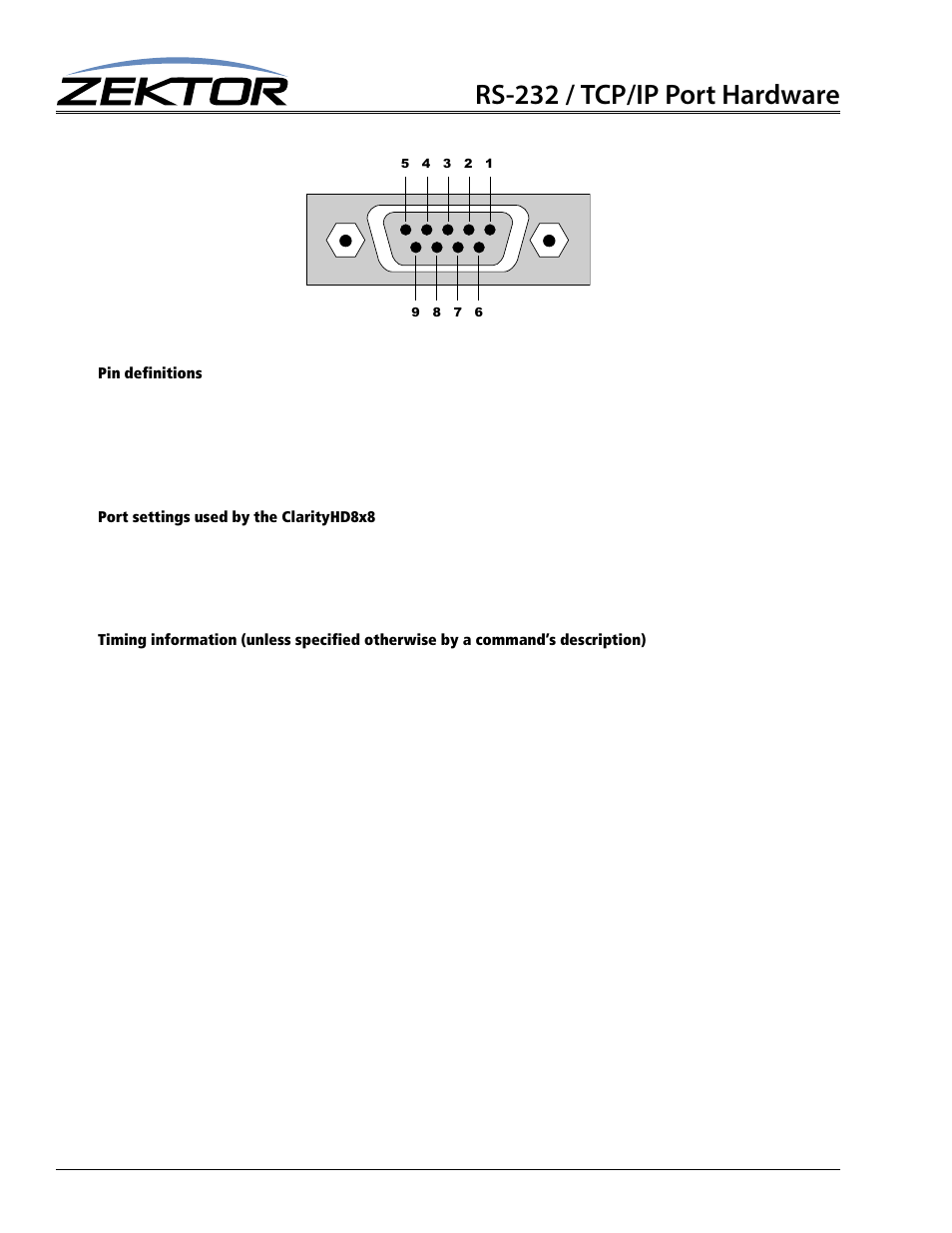 Pin definitions, Port settings used by the clarityhd8x8, Rs-232 / tcp/ip port hardware | Zektor Clarity HD® 8X8 HDMI Matrix User Manual | Page 14 / 29