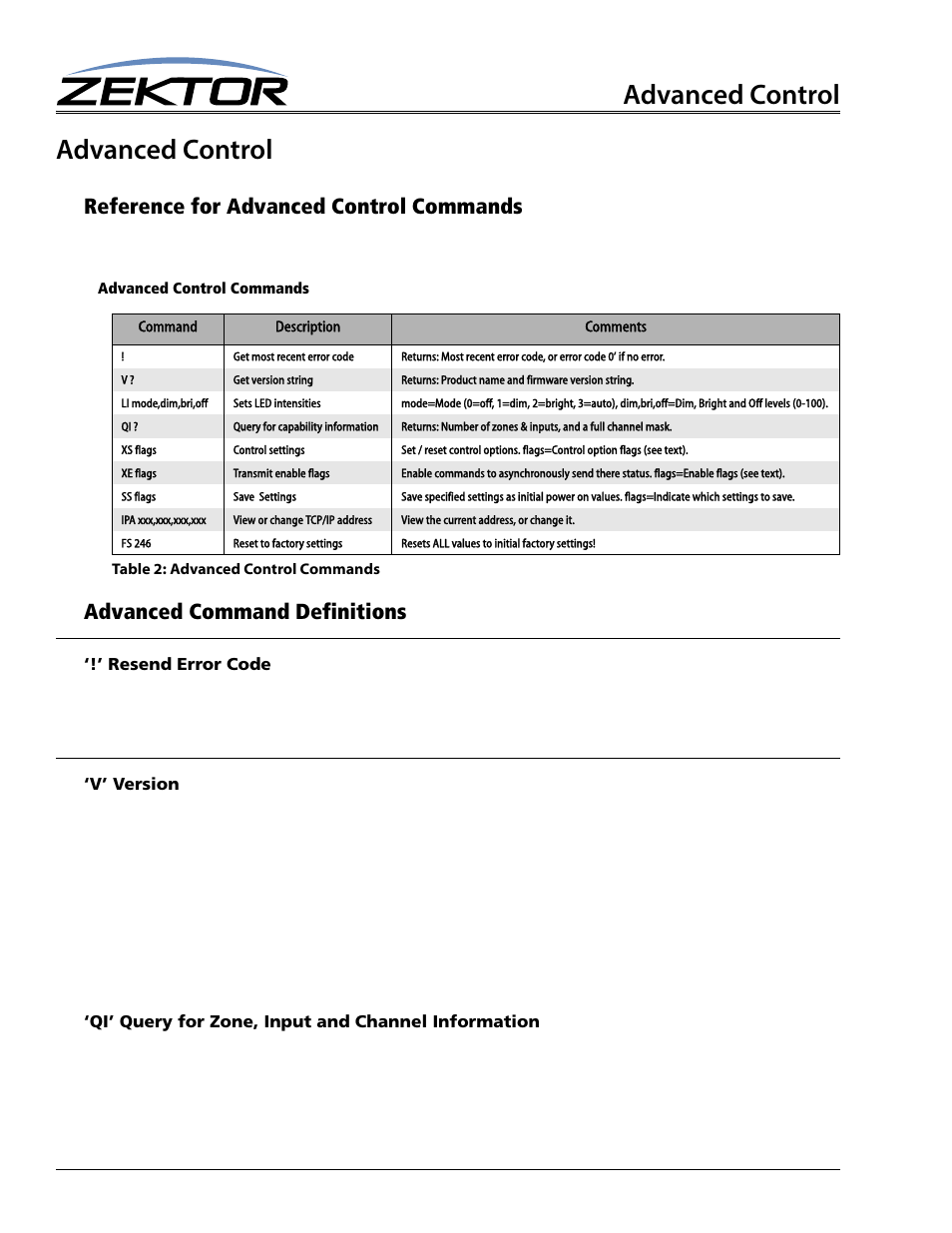 Advanced control, Reference for advanced control commands, Advanced command definitions | Resend error code, V’ version, Qi’ query for zone, input and channel information, Advanced control commands | Zektor Clarity HD® 8X8 HDMI Matrix User Manual | Page 22 / 29