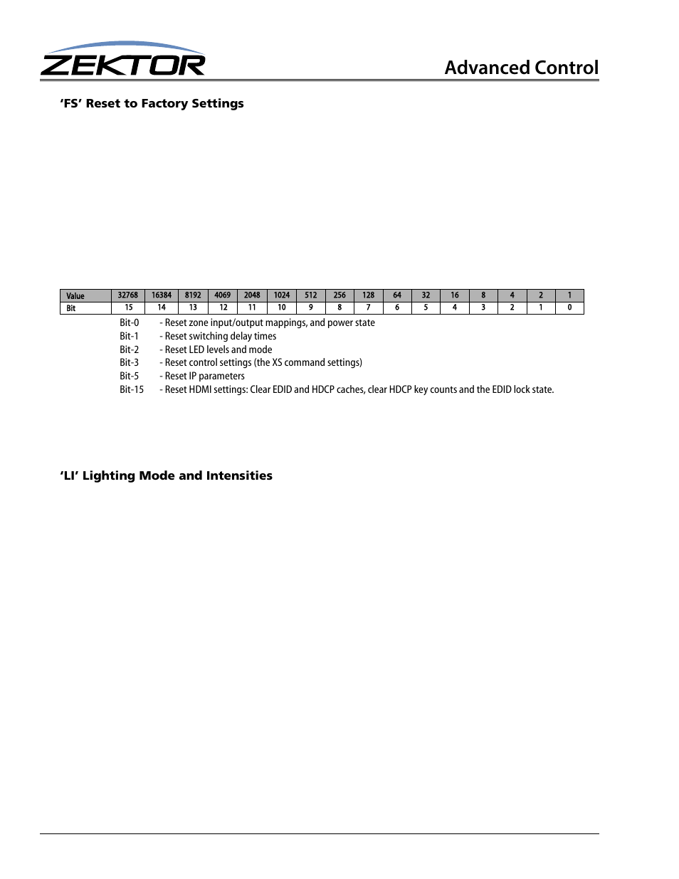 Fs’ reset to factory settings, Li’ lighting mode and intensities, Advanced control | Zektor Clarity HD® 8X8 HDMI Matrix User Manual | Page 26 / 29