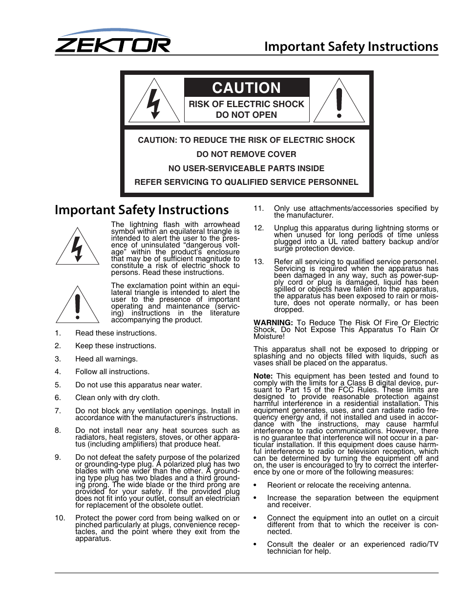 Important safety instructions, Caution | Zektor Clarity HD® 8X8 HDMI Matrix User Manual | Page 3 / 29