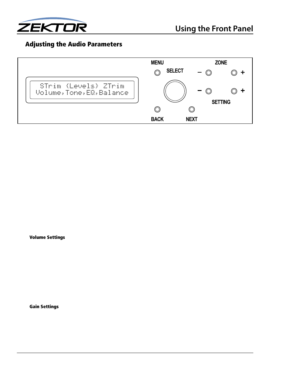 Adjusting the audio parameters, Using the front panel | Zektor Palladia™ 8X8 User Manual | Page 14 / 65