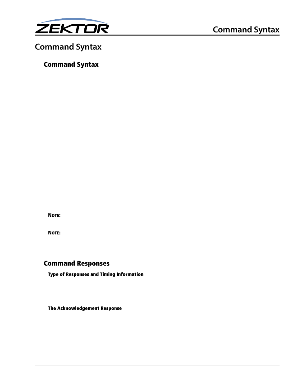 Command syntax, Command responses, Type of responses and timing information | The acknowledgement response | Zektor Palladia™ 8X8 User Manual | Page 29 / 65