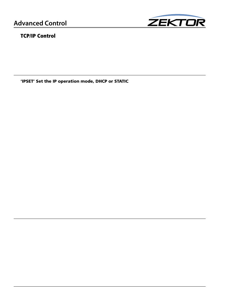 Tcp/ip control, Ipset’ set the ip operation mode, dhcp or static, Advanced control | Zektor ProAudio 16™ DSP Preamp Audio Matrix User Manual | Page 36 / 38