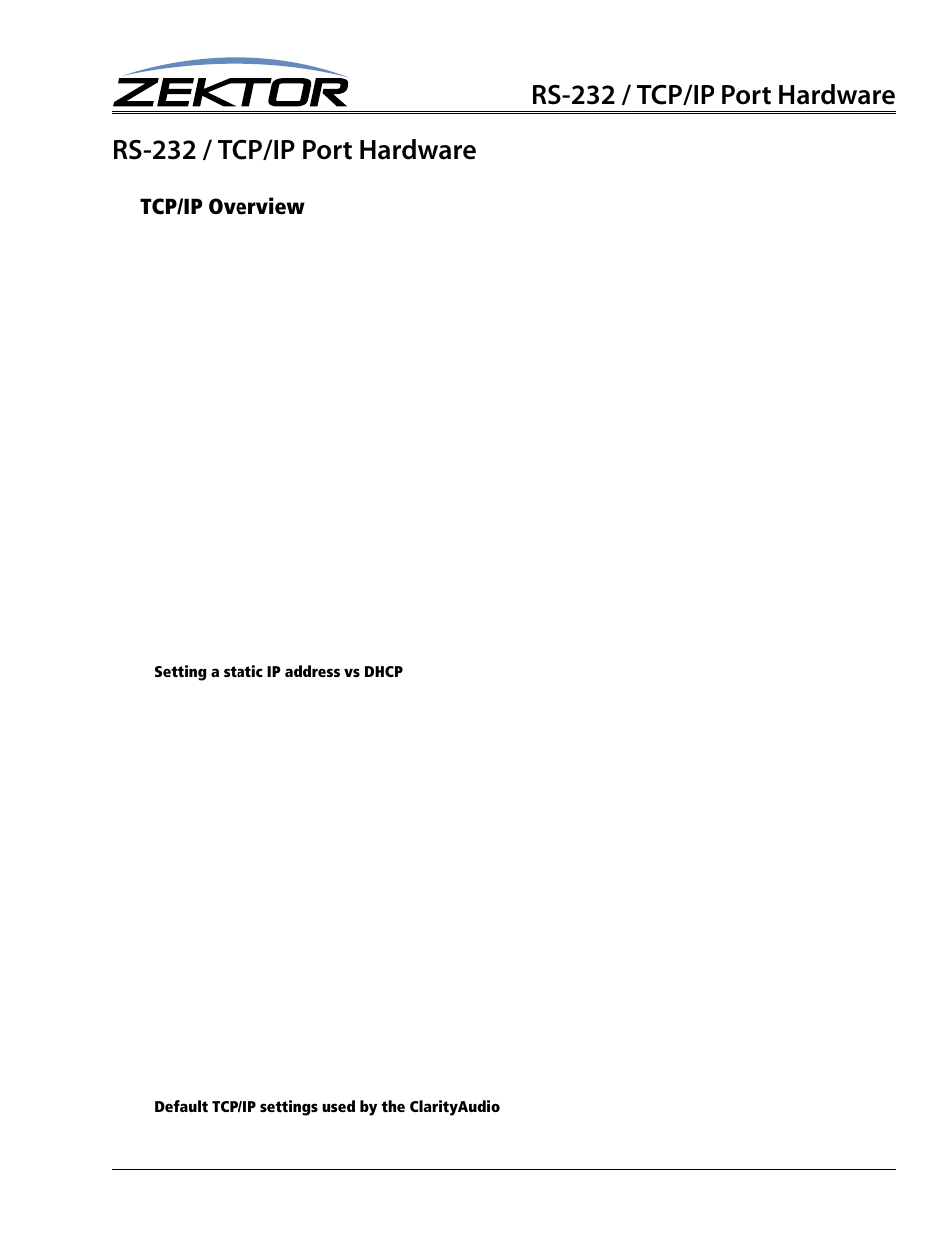 Rs-232 / tcp/ip port hardware, Tcp/ip overview, Setting a static ip address vs dhcp | Default tcp/ip settings used by the clarityaudio | Zektor ProAudio 16™ DSP Preamp Audio Matrix User Manual | Page 5 / 38