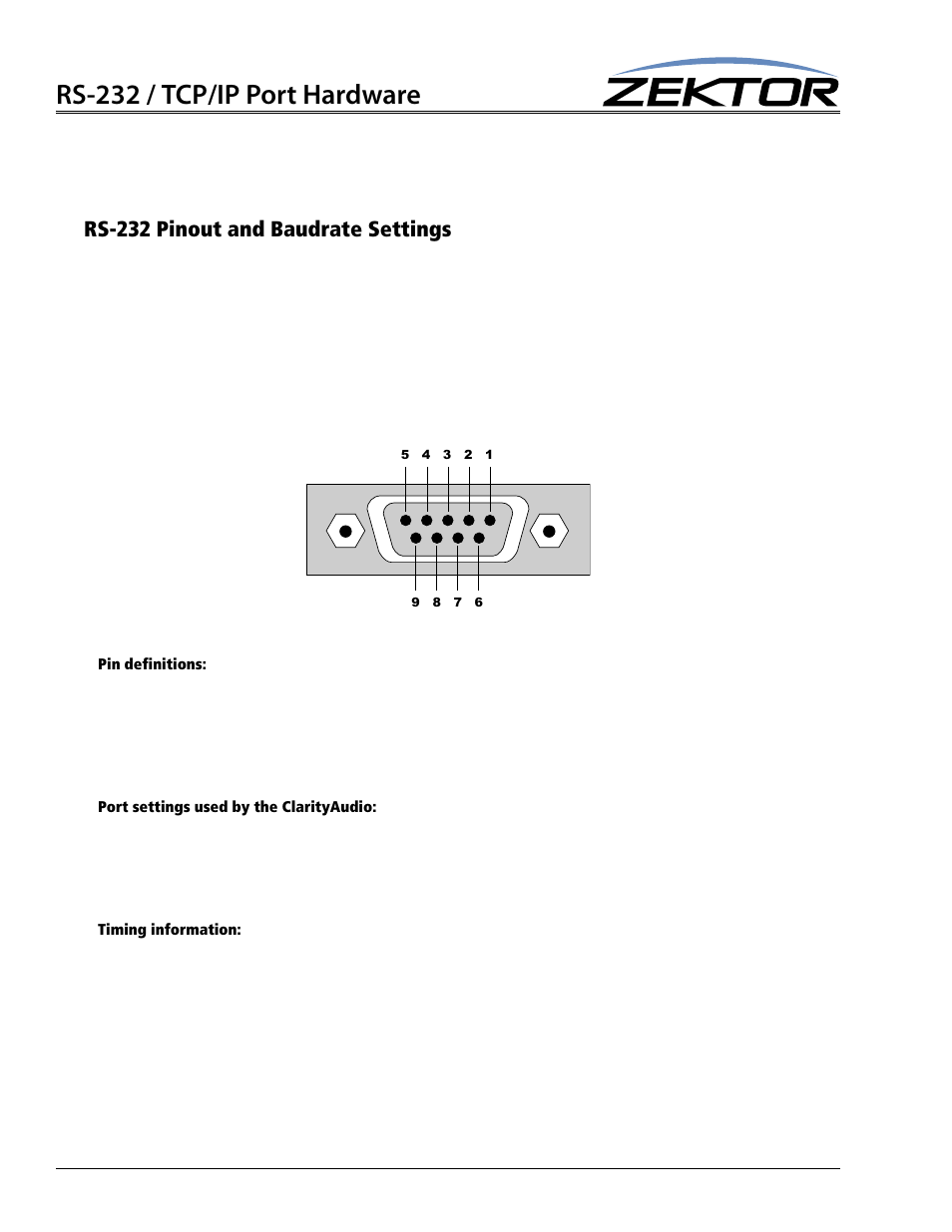 Rs-232 pinout and baudrate settings, Pin definitions, Port settings used by the clarityaudio | Timing information, Rs-232 / tcp/ip port hardware | Zektor ProAudio 16™ DSP Preamp Audio Matrix User Manual | Page 6 / 38