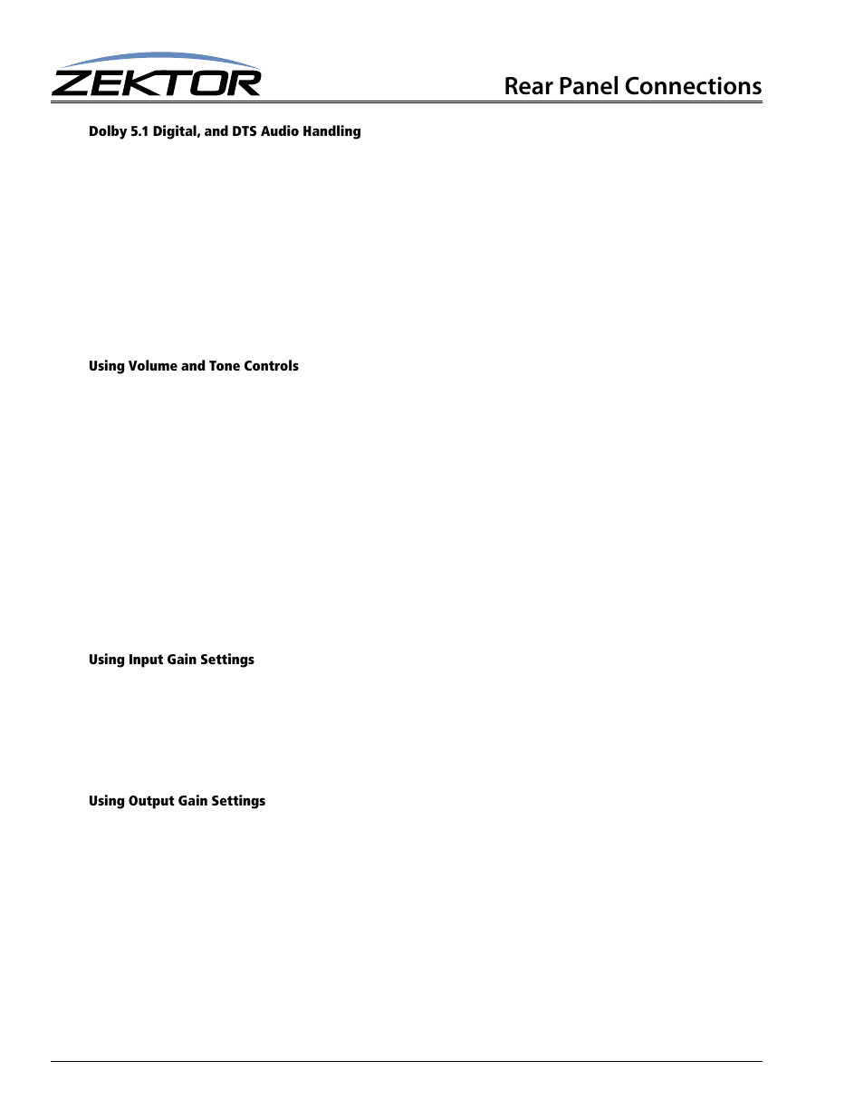 Dolby 5.1 digital, and dts audio handling, Using volume and tone controls, Using input gain settings | Using output gain settings, Rear panel connections | Zektor Clarity Prowler™ User Manual | Page 22 / 24