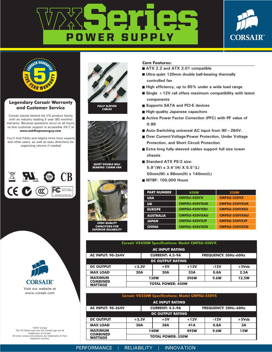 Performance | reliability | innovation, Legendary corsair warranty and customer service | Corsair CMPSU-450VXCN User Manual | Page 2 / 2