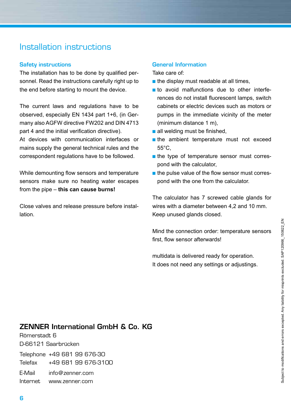 Installation instructions, Zenner international gmbh & co. kg | ZENNER MULTIDATA WR3 User Manual | Page 6 / 12