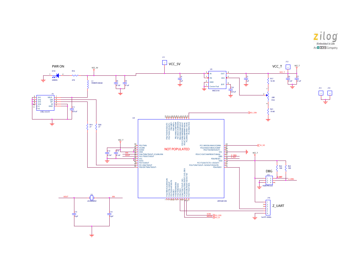 S3f80qb development kit user manual, Vcc_5v vcc_t pwr on dbg z_uart not populated | Zilog S3F80QB User Manual | Page 25 / 29