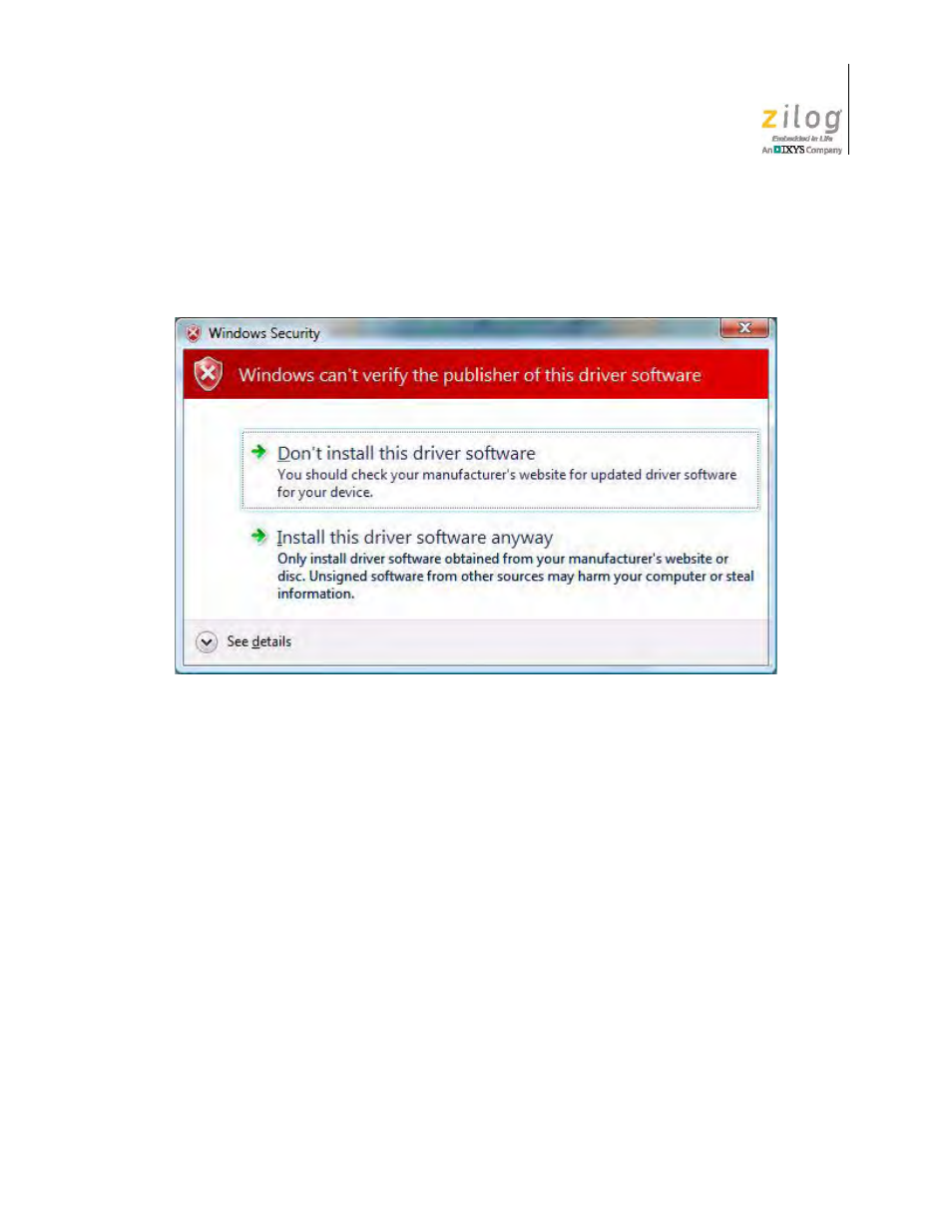 Figure 4, Can’t verify publisher dialog, windows vista | Zilog Z51F0811 User Manual | Page 15 / 96