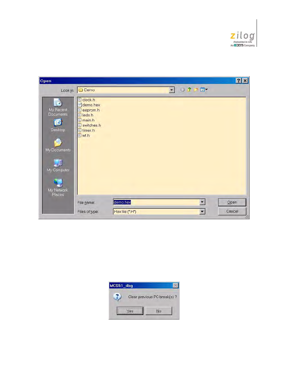 Figure 11. open file dialog, Figure 12. break debug dialog | Zilog Z51F0811 User Manual | Page 22 / 96