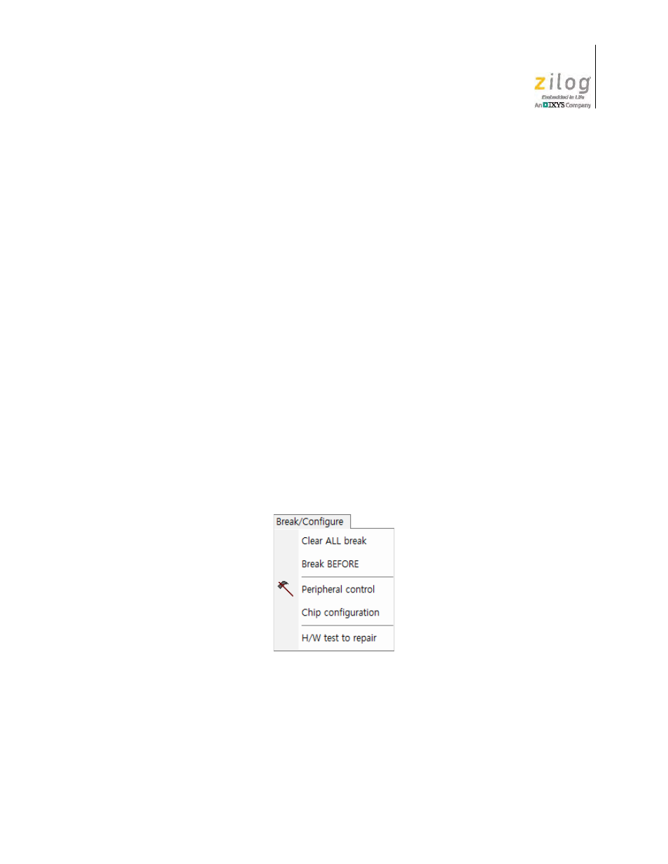 Break/configure menu, Figure 14. the ocd’s break/configure menu | Zilog Z51F0811 User Manual | Page 25 / 96