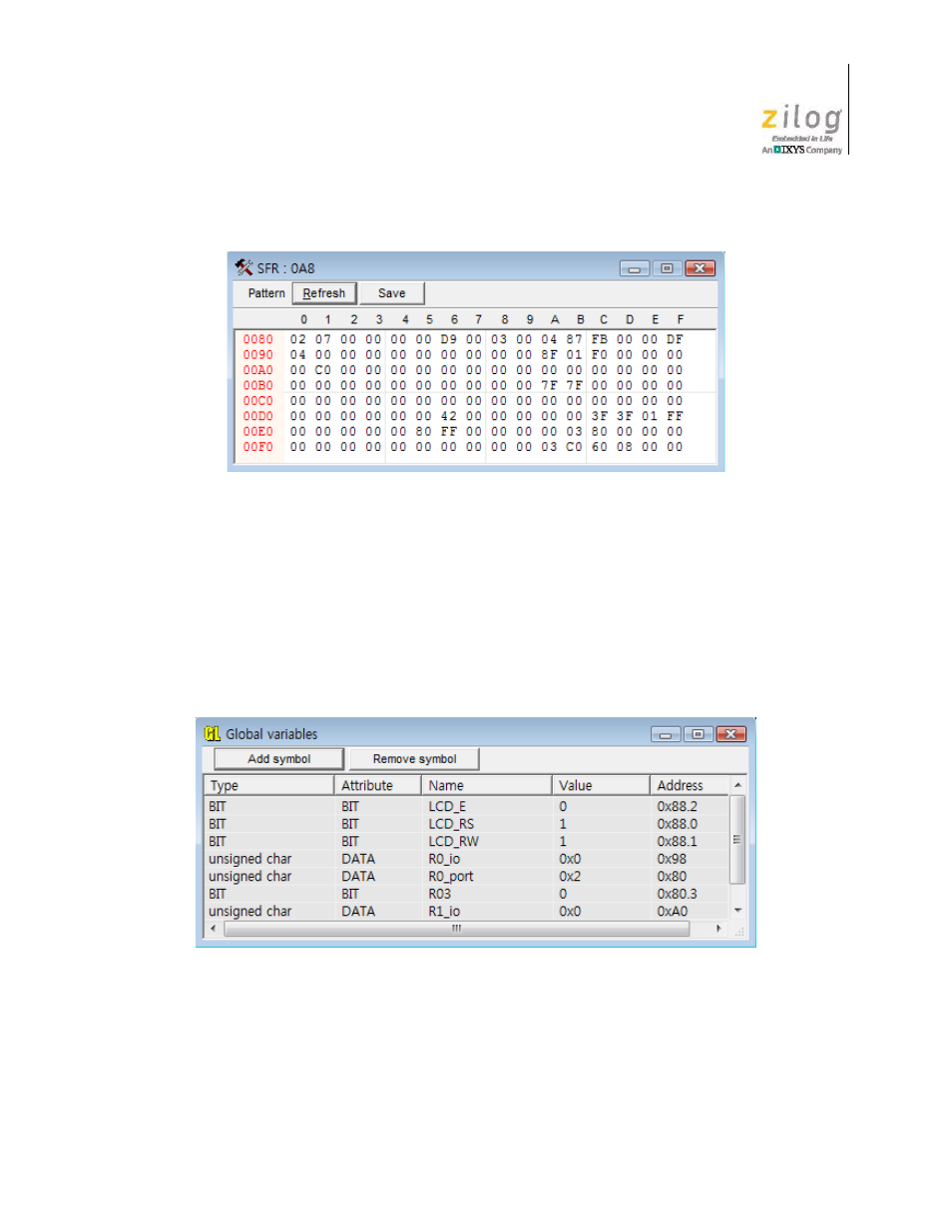 Figure 26. sfr dump dialog, Figure 27. global variables dialog | Zilog Z51F0811 User Manual | Page 36 / 96