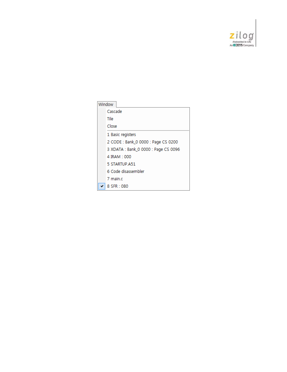 Window menu, Figure 30. the ocd’s window menu | Zilog Z51F0811 User Manual | Page 39 / 96