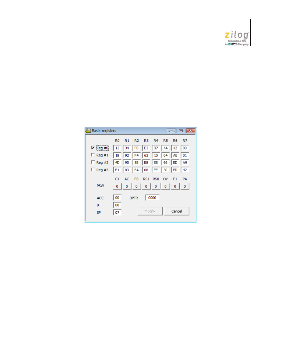 Child windows, Z8051 basic registers window, Using the basic registers function, #1 of 6 | Zilog Z51F0811 User Manual | Page 42 / 96