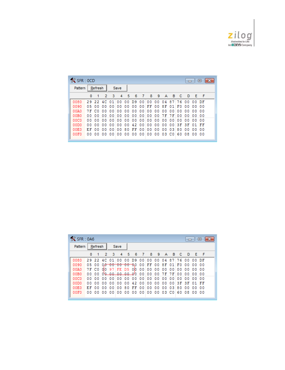 Figure 57. using the sfr dump function, #1 of 3, Figure 58. using the sfr dump function, #2 of 3 | Zilog Z51F0811 User Manual | Page 59 / 96