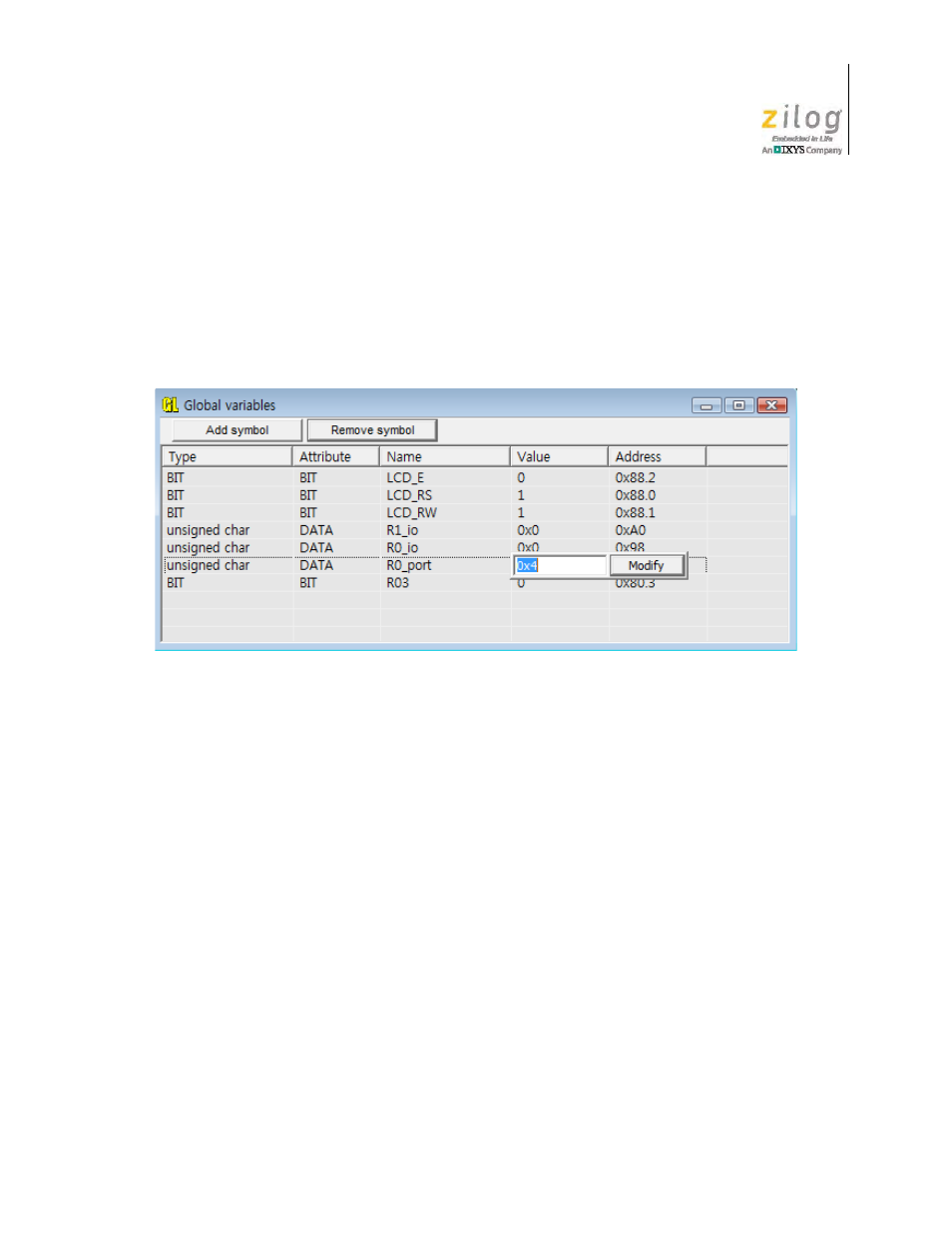 Watch local window, Figure 62. editing a global symbol | Zilog Z51F0811 User Manual | Page 62 / 96